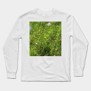 5 colorful angel butterflies over yellow dandelions and wild flowers in sunlight grass Long Sleeve T-Shirt